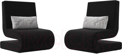 Набор мягких кресел Лига Диванов Волна (микровельвет черный/подушки велюр серый с узором)