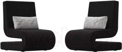 Набор мягких кресел Лига Диванов Волна (микровельвет черный/подушки велюр серый с узором)