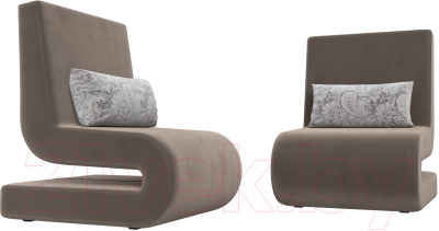 Набор мягких кресел Лига Диванов Волна (велюр коричневый/подушки велюр серый с узором)