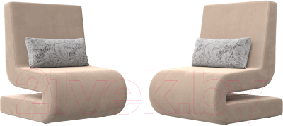 Набор мягких кресел Лига Диванов Волна (велюр бежевый/подушки велюр серый с узором)