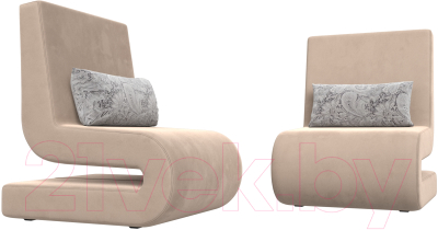 Набор мягких кресел Лига Диванов Волна (велюр бежевый/подушки велюр серый с узором)