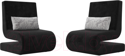Набор мягких кресел Лига Диванов Волна (велюр черный/подушки велюр серый с узором)