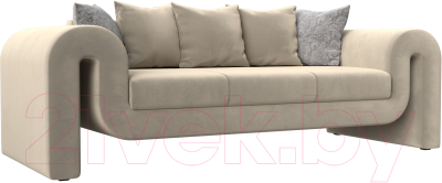 Диван Лига Диванов Волна (микровельвет бежевый/подушки3 микровельвет бежевый/2 велюр серый с узором) - фото