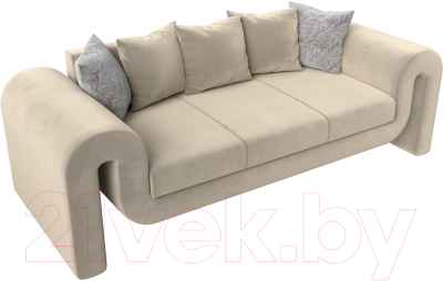 Диван Лига Диванов Волна (микровельвет бежевый/подушки3 микровельвет бежевый/2 велюр серый с узором)