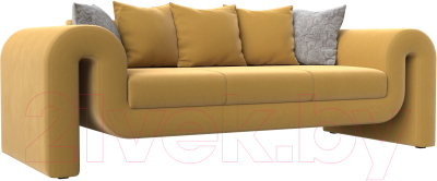 Диван Лига Диванов Волна (микровельвет желтый/подушки 3 микровельвет желтый/2 велюр серый с узором) - фото