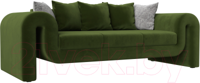 Диван Лига Диванов Волна (микровельвет зеленый/подушки 3 микровельвет зеленый/2 велюр серый) - фото