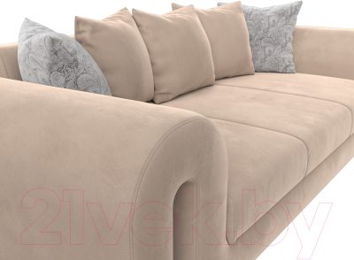 Диван Лига Диванов Волна (полностью велюр бежевый/подушки 3 велюр бежевый/2 велюр серый с узором)