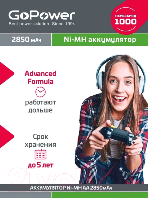 Комплект аккумуляторов GoPower AA/HR6 Ni-MH 2850мАч / 00-00015318