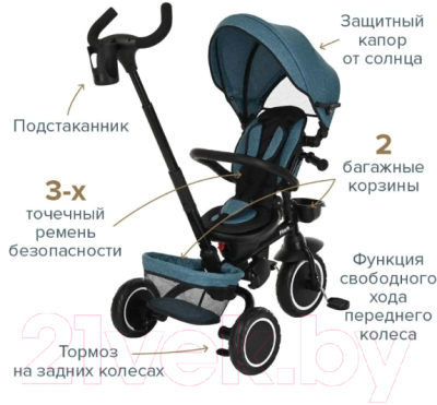 Трехколесный велосипед с ручкой Pituso Elite Plus / JY-T05Plus-Teal