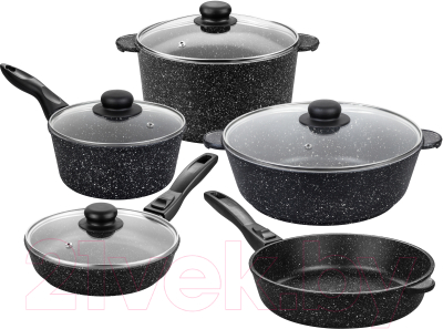 Набор кухонной посуды Elan Gallery Гармония вкуса / 120110+5 (9пр, черный мрамор) - фото