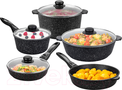 Набор кухонной посуды Elan Gallery Гармония вкуса / 120110+5 (9пр, черный мрамор)