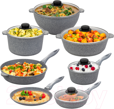 Набор кухонной посуды Elan Gallery 120547+7 (12пр, серый мрамор)