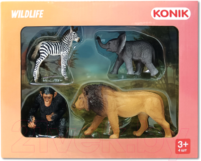 Набор фигурок коллекционных Konik Набор диких животных Лев, шимпанзе, слоненок, зебра / AMW2126 - фото