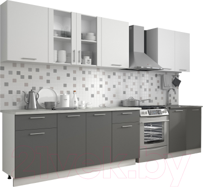 Кухонный гарнитур Eligard Виктория 2.6 (белый/дымчатый алмаз/олива жемчужная) - фото