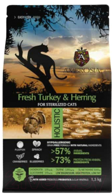 Сухой корм для кошек Ambrosia Grain Free для стерилизованн. кошек, индейка, сельдь / U/ACST1.5 - фото