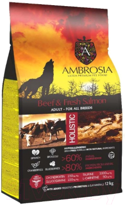 Сухой корм для собак Ambrosia Grain Free для всех пород с говядиной и лососем / U/ABS12 (12кг) - фото