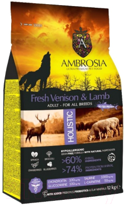 Сухой корм для собак Ambrosia Grain Free для всех пород с олениной и ягненком / U/AVL12 (12кг) - фото