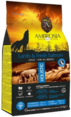 Сухой корм для собак Ambrosia Grain Free для всех пород с ягненком и лососем / U/ALS12 (12кг) - фото