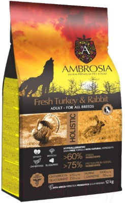 Сухой корм для собак Ambrosia Grain Free чувств. пищевар с индейкой и кроликом / U/ATR12 (12кг) - фото