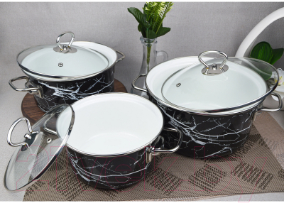 Набор кастрюль КМЗ Черный мрамор 1 Элит (3шт, черный)