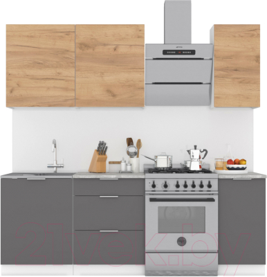 Кухонный гарнитур Интермебель Микс Топ-2 1.6м (дуб крафт золотой/графит серый/мрамор лацио белый) - фото