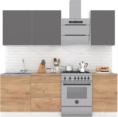 Кухонный гарнитур Интермебель Микс Топ-3 1.7м (графит серый/дуб крафт золотой/мрамор лацио белый) - фото