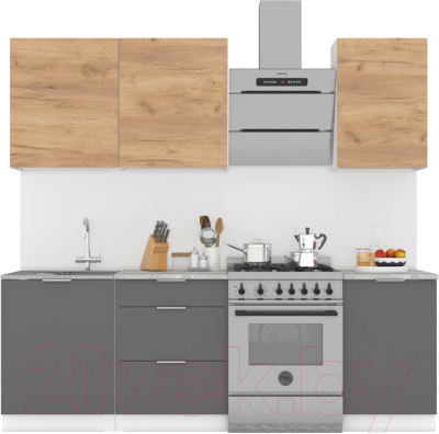 Кухонный гарнитур Интермебель Микс Топ-3 1.7м (дуб крафт золотой/графит серый/мрамор лацио белый) - фото