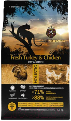 Сухой корм для кошек Ambrosia Grain Free для котят, индейка, курица / U/ACK1.5 (1.5кг) - фото
