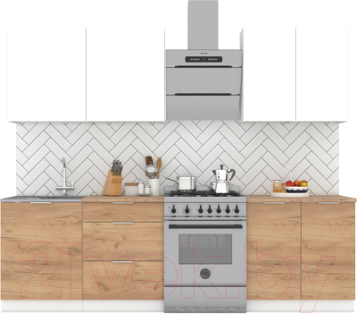 Кухонный гарнитур Интермебель Микс Топ-5 2.0м (белый премиум/дуб крафт золотой/мрамор лацио белый) - фото