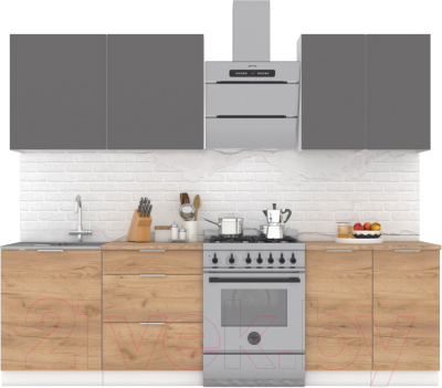 Кухонный гарнитур Интермебель Микс Топ-5 2.0м (графит серый/дуб крафт золотой/мрамор лацио белый) - фото