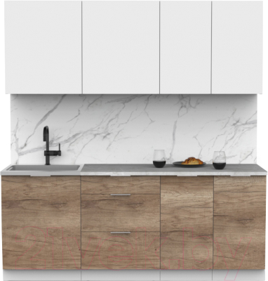 Кухонный гарнитур Интермебель Микс Топ-5 2.0м (белый премиум/дуб каньон/мрамор лацио белый) - фото