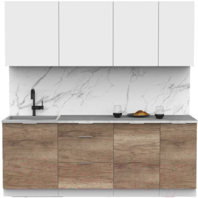 Кухонный гарнитур Интермебель Микс Топ-6 2.1м (белый премиум/дуб каньон/мрамор лацио белый) - фото
