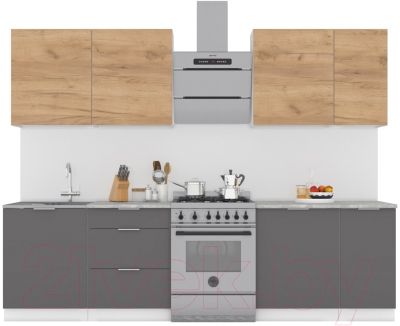 Кухонный гарнитур Интермебель Микс Топ-7 2.2м (дуб крафт золотой/графит серый/мрамор лацио белый) - фото