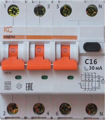 Дифференциальный автомат КС АВДТ-63 3р+N С 16А/300мА А 6кА / 72911 - фото