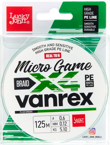 Леска плетеная Lucky John Vanrex Micro Game Х4 Braid Fluo Green 125/012 / LJ4115-012 - фото