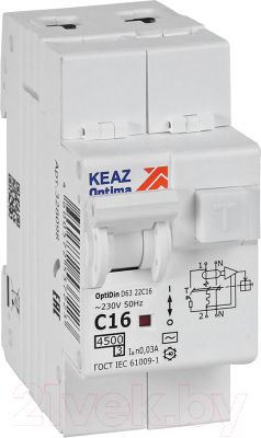 Дифференциальный автомат КЭАЗ OptiDin D63-22C16-AC-У3 C16 30мА 4.5кА / 328098 - фото