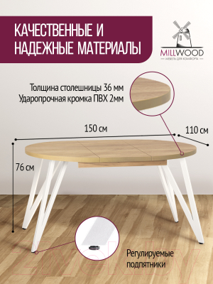 Обеденный стол Millwood Женева 3 D раздвижной D110-150x110x75 (дуб золотой Craft/металл белый)