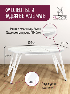 Обеденный стол Millwood Женева 3 D раздвижной D110-150x110x75 (дуб белый Craft/металл белый)