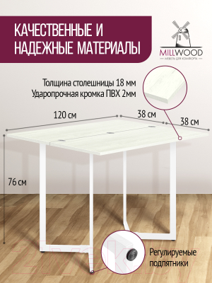 Обеденный стол Millwood Арлен 2 38-76x120x76 (дуб белый Craft/металл белый)