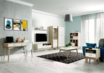 Тумба Мебельград Калгари ТВ 128х40х57 (дуб натуральный светлый/белый матовый)