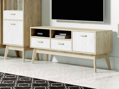 Тумба Мебельград Калгари ТВ 128х40х57 (дуб натуральный светлый/белый матовый)