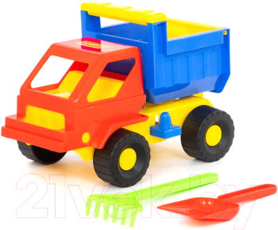 Набор игрушек для песочницы Полесье Самосвал Кузя с лопаткой и грабельками / 1276 - фото