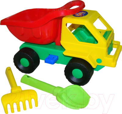 Набор игрушек для песочницы Полесье Самосвал Кузя-2 с совком и грабельками / 2808 - фото