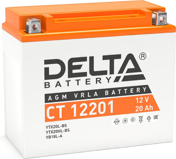 Мотоаккумулятор DELTA AGM СТ 12201 YTX20L-BS / YTX20HL-BS / YB16L-B / YB18L-A - фото