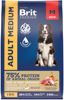 Сухой корм для собак Brit Premium Dog Adult Medium с индейкой и телятиной / 5063154 - фото