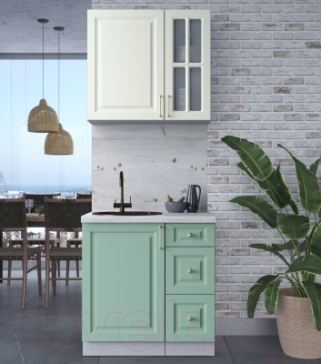 Кухонный гарнитур Интерлиния Мила Шато 0.8А (белый/мята/бискайская сосна)