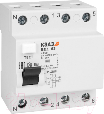 Устройство защитного отключения КЭАЗ 4п 16А 30мА тип AC ВД1-63 4216 УХЛ4 / 221946 - фото