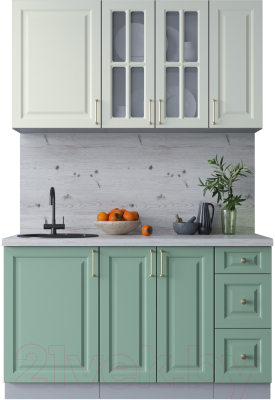 Кухонный гарнитур Интерлиния Мила Шато 1.4А (белый/мята/бискайская сосна) - фото