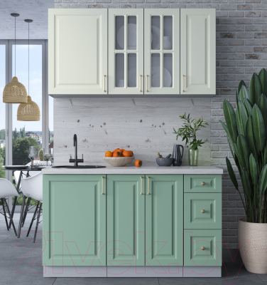 Кухонный гарнитур Интерлиния Мила Шато 1.4А (белый/мята/бискайская сосна)