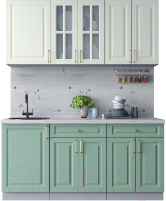 Кухонный гарнитур Интерлиния Мила Шато 1.7А (белый/мята/бискайская сосна) - фото
